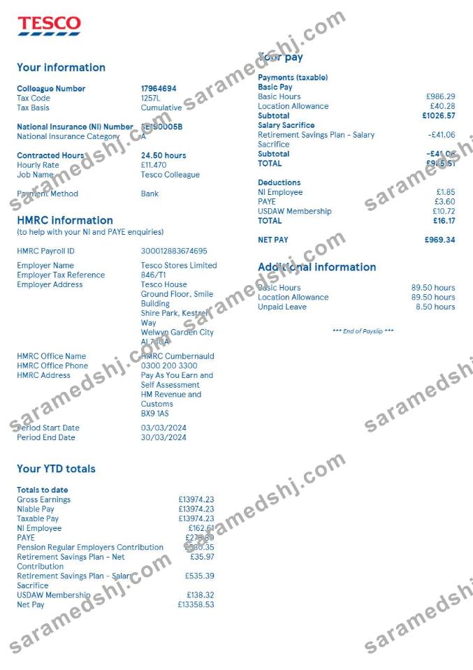 United Kingdom Tesco Stores payslip template in Word and PDF formats.pdf, 2
